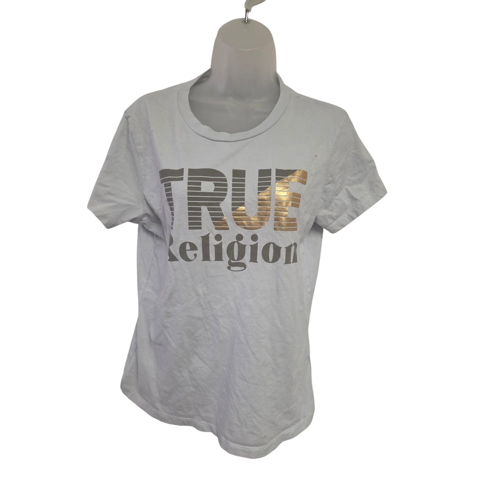 True Religion Womens XL Blue Short Sleeve Graphic Logo T-Shirt Gold‎ Foil Accent